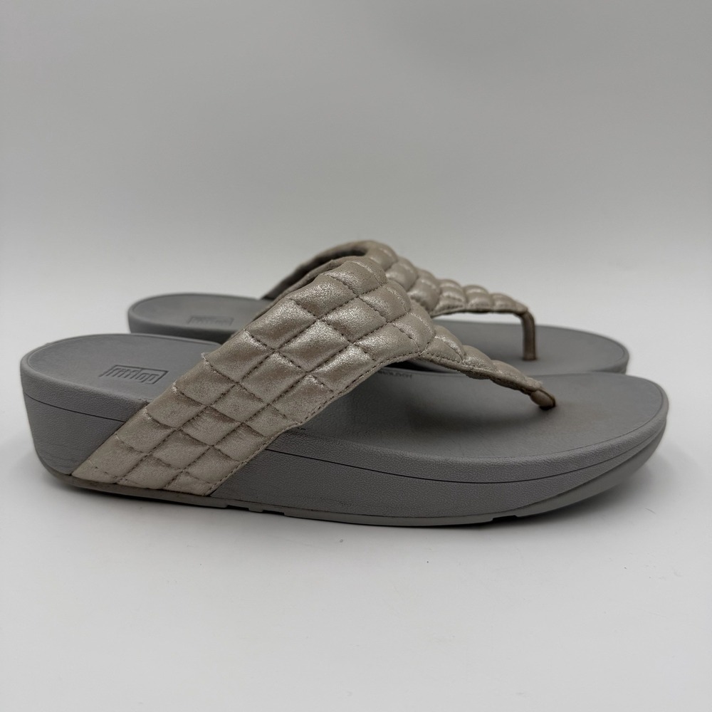 Fitflop Lulu Padded Shimmy Toe Sandals Platform Wedge Thong Women Size 10 Silver